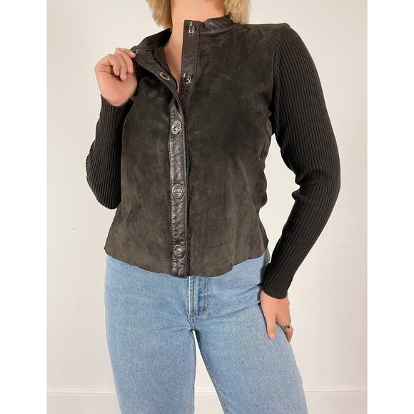 NWT Escapade Suede Leather & Knit Sweater Button Down Collarless Cardigan Jacket - Picture 2 of 8